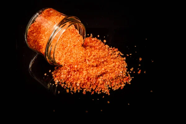 Big Orange Natural Organic Sea Salt Poured Out Small Glass — Stock Photo, Image