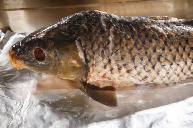 closeup büyük doldurulmuş Balık Pişirme folyo pişirme tepsisi yatıyor