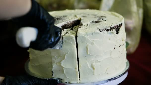 Primo Piano Mano Dolciaria Glover Nero Taglia Grande Torta Cioccolato — Video Stock