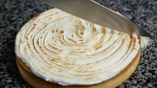 Mão Humana Cortada Meio Bolo Limão Caseiro Decorado Com Creme — Vídeo de Stock