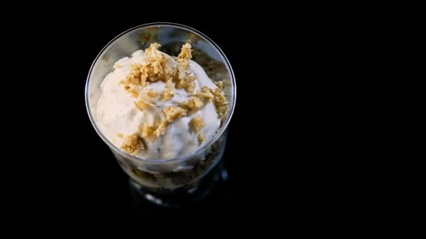 Top View Human Hand Put Two White Banana Mousse Dessert — Stock Video