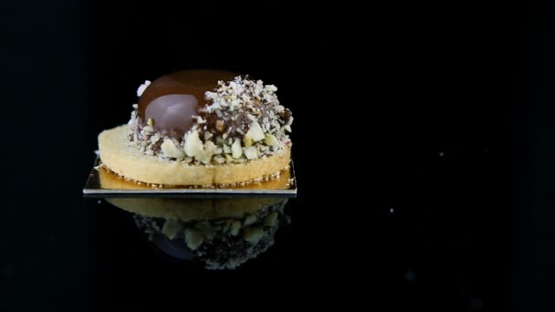 Confectioner Hand Put French Mini Mousse Pastry Dessert Covered Chocolate — Stock Video