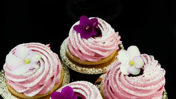 Close up panorama para baixo em pequeno grupo de biscoitos de marshmallow rosa — Vídeo de Stock