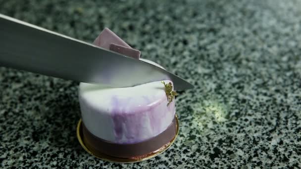 Круглый Фиолетовый Мусс Начинкой Ягодного Варенья Разрезанный Пополам Ножом Кухонном — стоковое видео