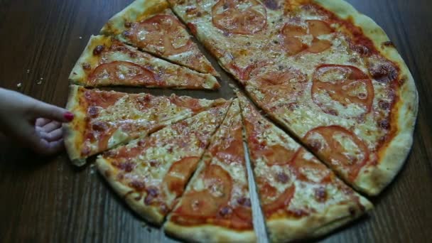 Human Hand Take One Slice Delicious Fresh Pizza Tomatoes — Stock Video