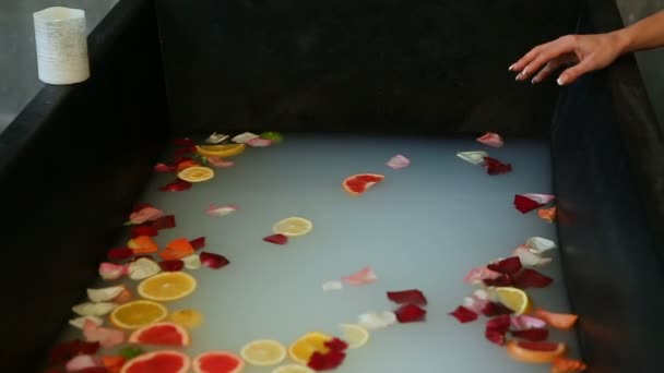 Baño cosmético caliente de primer plano con leche, rodajas de cítricos y pétalos de rosa — Vídeos de Stock