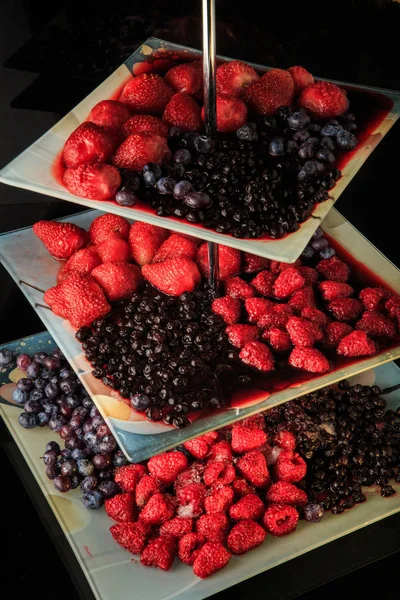 Крупный план трех нивелированных тарелок с разнообразными оттаявшими ягодами — стоковое фото