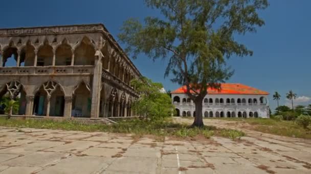 Widok Stary Gotycki Budynek Zacienionym Galeria Łuki Przez Duże Drzewo — Wideo stockowe