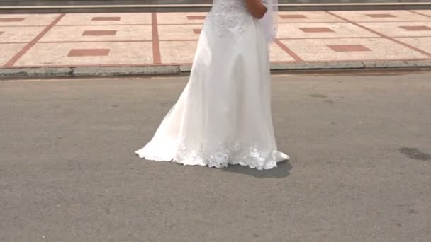 Bride in Long Dress Stands by Opera Theatre in Saigon — Stock Video