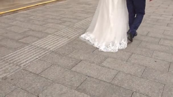 裏面ビュー下花嫁で白い長い結婚式のドレス新郎で黒いズボン舗装上を歩く — ストック動画