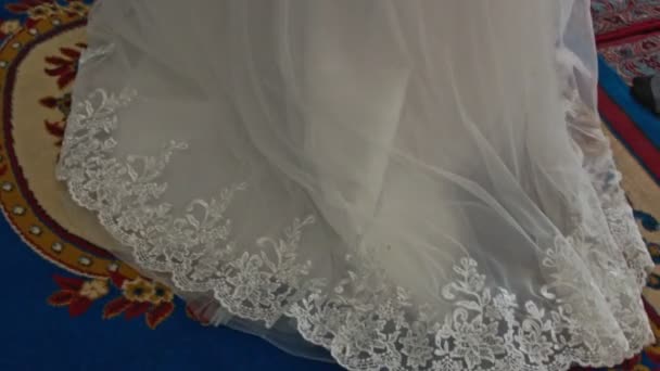 Close View Bride White Long Beautiful Lacy Dress Colourful Carpet — Stock Video