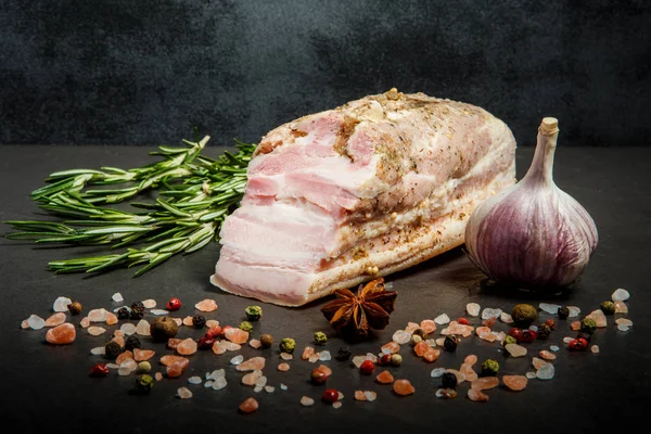Large chunk of salted meat lard with salt, spices, garlic, and rosemary — Stock Image Large chunk of salted meat lard with salt, spices, garlic, and rosemary Stock Photo