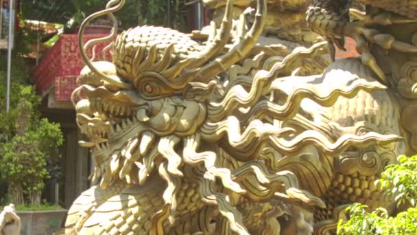 Closeup Large Golden Statue Sacred Dragon Tropical Plant Bright Sunlight — Stock Video