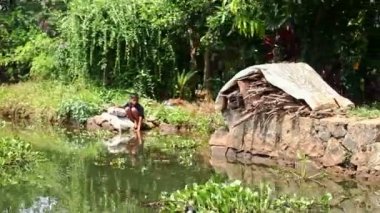 Alappuzha, Kerala / Hindistan - 12 Şubat 2012: Kamera, su bitkilerinin palmiye yansımasıyla sakin bir nehir boyunca ilerliyor. Yerel çocuk 12 Şubat 'ta Hindistan' da Alappuzha 'da, Hindistan' da, kayalıklarda, çalıların üzerinde oturuyor.