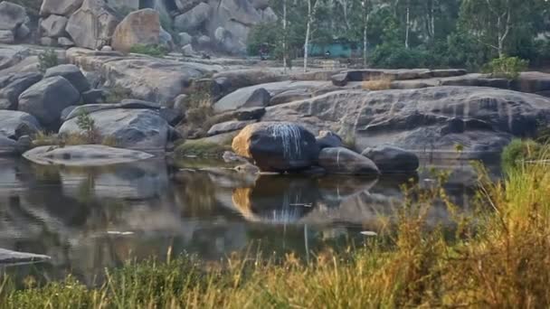 Grandes Pedras Cinzentas Com Grama Verde Banco Refletir Pequena Água — Vídeo de Stock