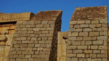 Küçük, hızlı, kahverengi kertenkele Hampi 'de eski yüksek anıt tuğla duvar boşluğundan atlıyor.