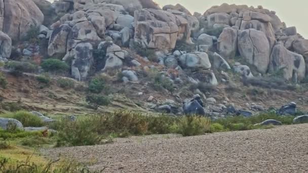 Pemandangan Panorama Lembah Besar Dengan Batu Bulat Besar Terhadap Tebing — Stok Video