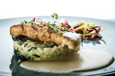 pirinç, sos ve mantar ile closeup kavrulmuş deniz balığı