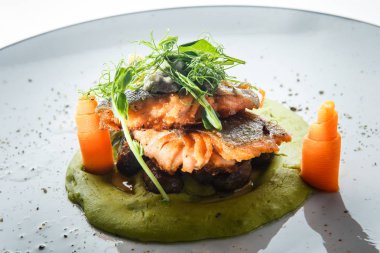 yeşillik ve havuç ile closeup lezzetli pişmiş somon fileto