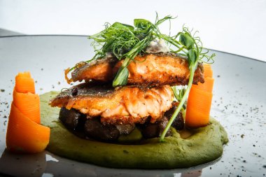 yeşillik ile süslenmiş closeup pişmiş somon fileto zarif