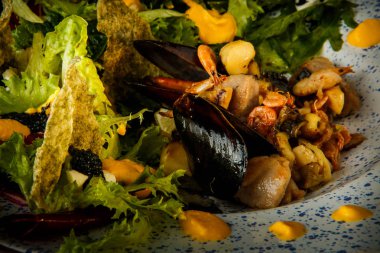 çeşitli deniz ürünleri ve salata yaprakları lezzetli meze makro görünümü