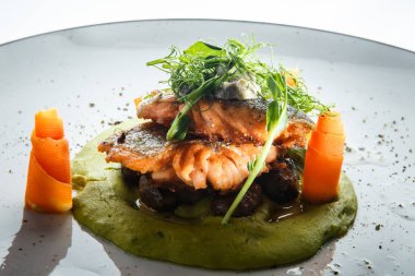 closeup pişmiş somon fileto ince yeşillik ve havuç ile dekore