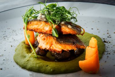 closeup ince yeşillik ve havuç pişmiş somon fileto ile dekore