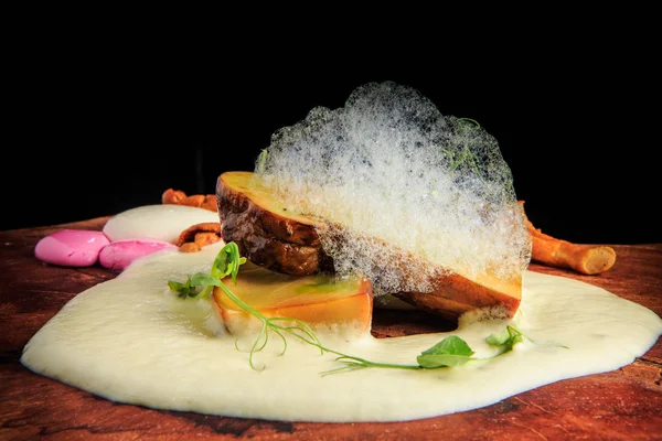 "closeup exquisite decorite restaurant appetizer of mushroom and sauces" — Stok Foto