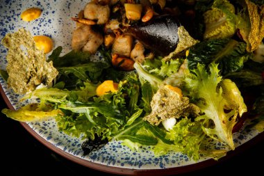 çeşitli deniz ürünleri ve salata yaprakları üst görünümü closeup trendy meze