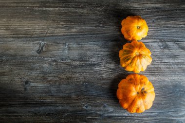 Tahta masanın üstünde sıra sıra dizilmiş üç dekoratif balkabağı manzarası