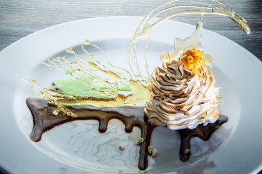 Yakın plan lezzetli pişmiş kuğu şekilli çikolatalı tatlı.