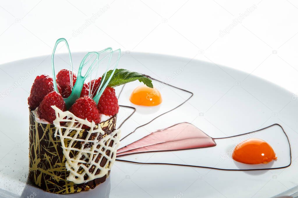 closeup chocolate raspberry dessert with modern decoration