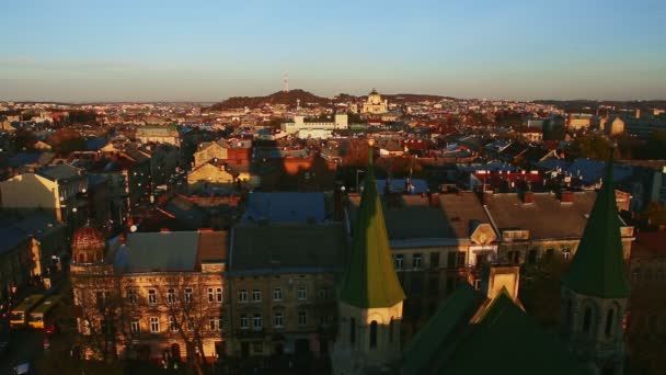 Aerial landscape view from tall church bell tower of on old historical center of Lviv — Stock Video