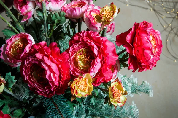 Top View Closeup Beautiful Bouquet Made Large Artificial Red Peonies — Stock Photo, Image