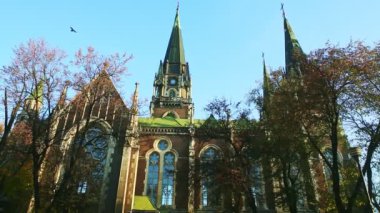 Ukrayna, Lviv 'deki St. Olga ve Elizabeth katedralinin üzerinde güvercinler uçar.