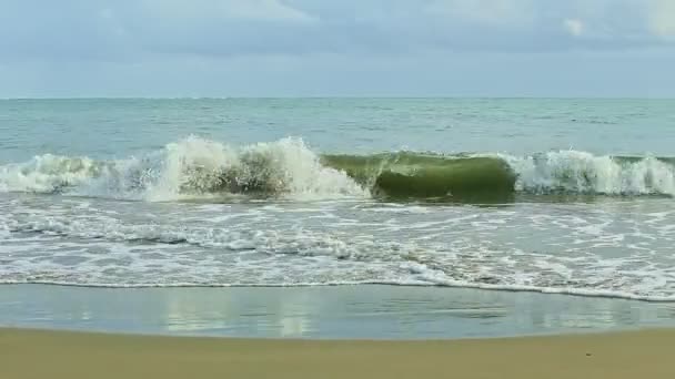 panorama lentement droit sur l'océan bleu sans fin avec de fortes vagues blanches qui courent sur la plage dorée en été de jour