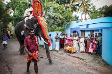 Kottayam, Kerala, INDIA - 25 Ocak 2012: Hint halkı, 25 Ocak 'ta Kottayam' da düzenlenen festivalde Hint köyünün önünden yürüyen süslü fillere liderlik ediyor.