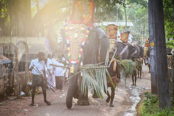 Kottayam Kerala Ινδια Ιανουαριου 2012 Ινδοί Άνθρωποι Οδηγούν Διακοσμημένους Ελέφαντες — Φωτογραφία Αρχείου