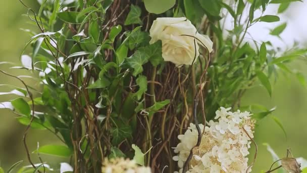 Panorama de primer plano en la decoración de la boda de flores blancas y hojas verdes — Vídeos de Stock