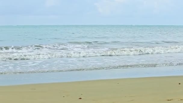 Langsames Panorama auf blauem endlosem Meer mit weißen Wellen am Sandstrand