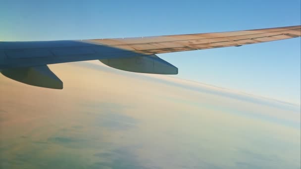 Luftaufnahme aus dem Flugzeugfenster auf Flugzeugflügel fliegen über Land und weißer Nebel — Stockvideo