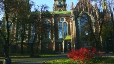 Ukrayna 'nın başkenti Lviv' deki eski katolik katedral kilisesinin üzerinde hızla uçan güvercinler görülüyor.