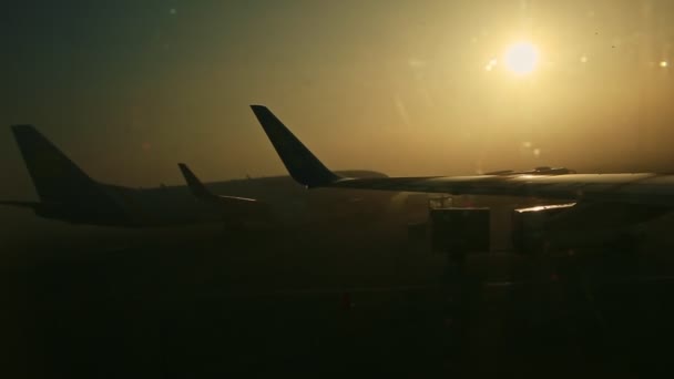 Közeli kilátás ablak a repülőgép szárny ellen nagy repülőgép sziluett napkeltekor — Stock videók