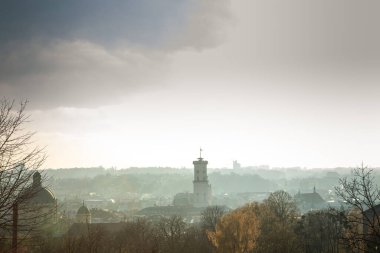 Şehir merkezindeki şatodan, ana katedralden ve eski Lviv 'in çatılarından tepedeki manzara.