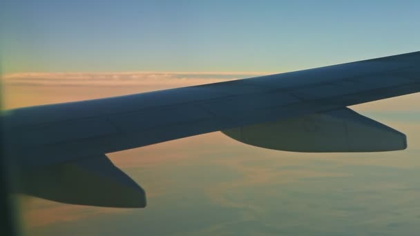 Vista aérea desde la ventana en el ala del avión volar por encima de tierra verde con nubes de color rosa — Vídeos de Stock