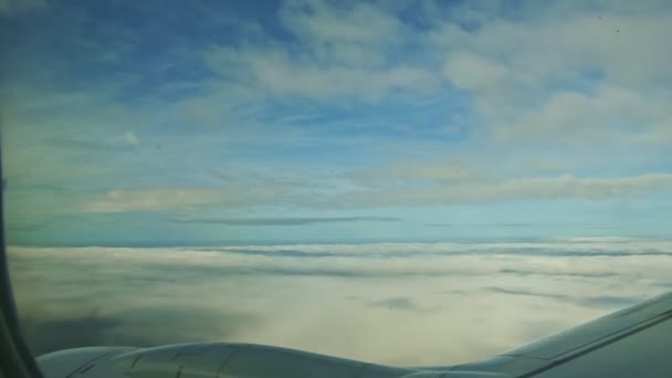 Vue aérienne depuis la fenêtre de l'avion sur les nuages blancs volent rapidement au-dessus de grande aile en acier — Video