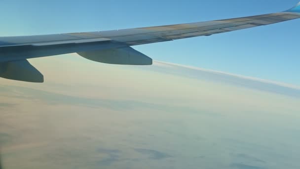 Vista aérea da janela da aeronave na asa de aço voar acima da terra verde com nuvens — Vídeo de Stock