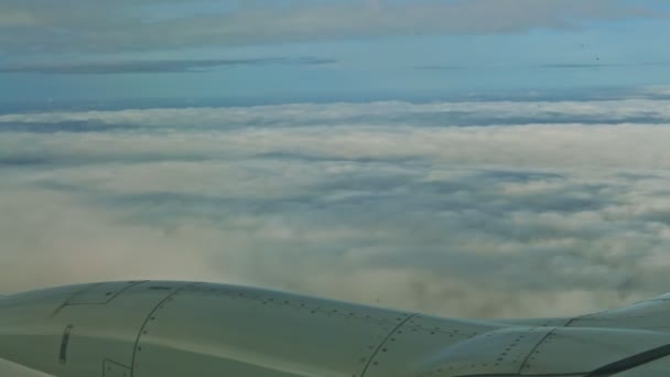 Vista aerea dal finestrino del velivolo su un grande motore a reazione volare sopra le nuvole bianche soffice — Video Stock