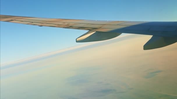 Luftaufnahme aus dem Flugzeugfenster auf Stahlflügel fliegen über grünem Land und weißem Nebel — Stockvideo