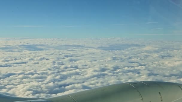 Antenn vy från flygplansfönstret på stora flygplan vinge flyga ovanför fluffiga vita moln — Stockvideo